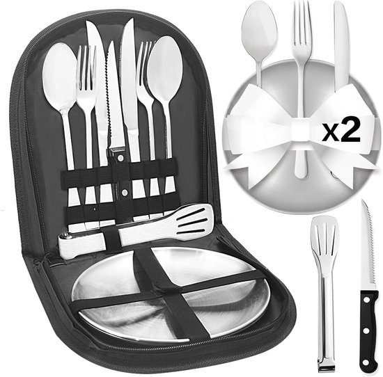 SnelShoppen - Camping Bestek Set voor 2 Personen, 11-delig RVS Camping Servies, Perfect voor Kamperen, Hiking en Outdoor Activiteiten, Compleet met Bo