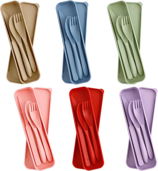SnelShoppen - Camping Bestekset - Herbruikbaar Plastic Bestek met Opbergdoos - 6 Kleurige Sets met Lepel, Mes en Vork voor Buiten, Picnic, School, Rei