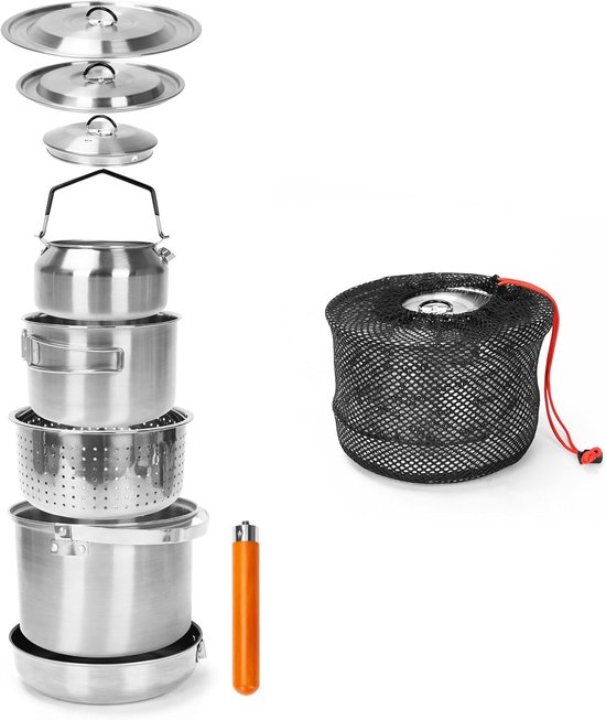 SnelShoppen - Camping Kookset RVS 5-Delig - Camping Pannen Set met Kettle en Anti-aanbak Pannen voor Kamperen, Outdoor, Tuin en Avontuur