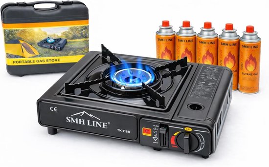 SnelShoppen - Camping Kooktoestel Draagbaar Gasfornuis met 10x Gasflessen en Koffer - Perfect voor Kamperen, Feestjes en Buiten koken