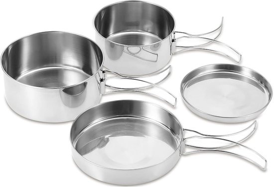 SnelShoppen - Camping Pannen Set 4-delig Rvs Kookgerei Lichtgewicht Voor Outdoor Activiteiten, Wandelen, Jagen, Bakken, Camping, Picnic, Tafelgerei