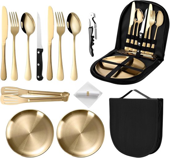 SnelShoppen - Camping Servies Set 13-delig voor 2 Personen, Dikke RVS Buiten Servies met Bestek, Borden en Opbergtas - Ideaal voor Kamperen, Picknicke
