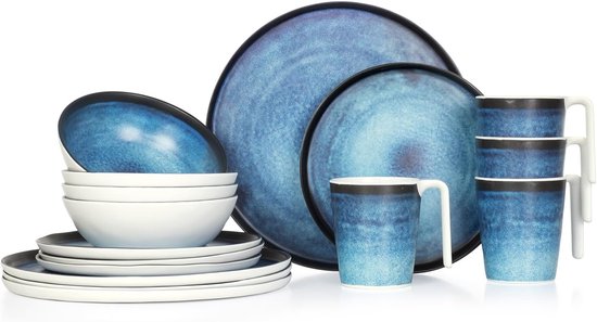 SnelShoppen - Camping Servies voor 4 Personen, 16-Delig Melamine Set, Vaatwasserbestendig, Diep Oceaan Design, Lichtgewicht en Stevig, Perfect voor Pi