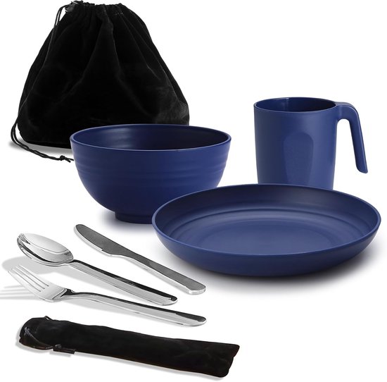 SnelShoppen - Campingbenodigdheden Set voor Reizen, Camping, Picknick, Outdoor - Compleet met Mes, Lepel, Vork, Bestekset, Beker, Kom, Bord - Ideaal v