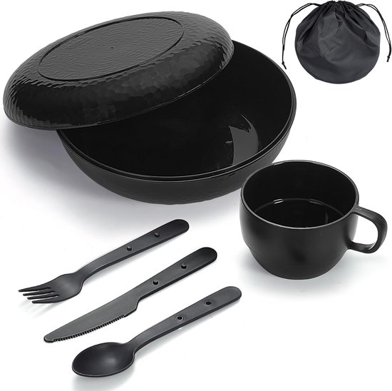 SnelShoppen - Complete Camping Mess Kit met Kom, Bord, Beker, Lepel, Vork, Mes en Draagtas - Kunststof Camping Accessoires Essentials voor Reizen en P