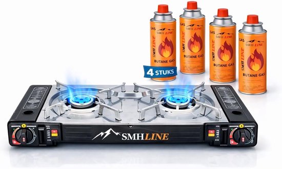 SnelShoppen - Double Camping Stove Gas Cooker Set met 4 Gas Cartridges - 2-vlam LPG Outdoor Grill voor Kamperen, Tuin en Reizen - Lichtgewicht Portabl