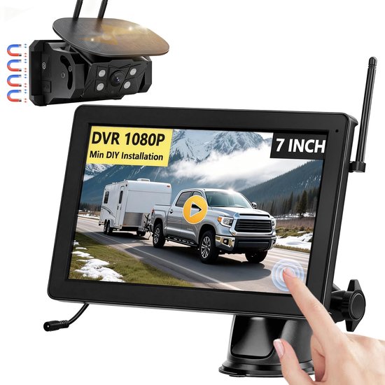SnelShoppen - Draadloze Achteruitrijcamera op Zonne-energie met 7'' 1080P IPS Touchscreen Monitor, IP69 Waterdicht, 9600mAh Accu, Eenvoudige 1 Minuut