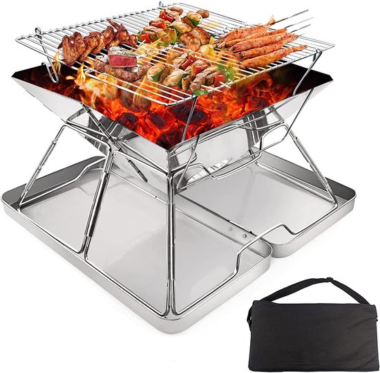 SnelShoppen - Draagbare Camping Houtkachel - Roestvrijstalen BBQ Vuurplaats Grill - Inklapbare Buiten Kooktoestel - Verstelbare Hoogte - Ideaal voor K