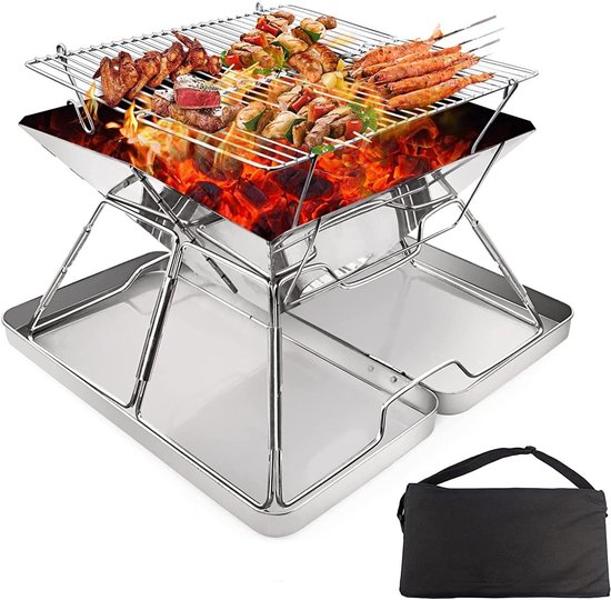 SnelShoppen - Draagbare Camping Houtkachel - Roestvrijstalen BBQ Vuurplaats Grill - Inklapbare Buiten Kooktoestel - Verstelbare Hoogte - Ideaal voor K