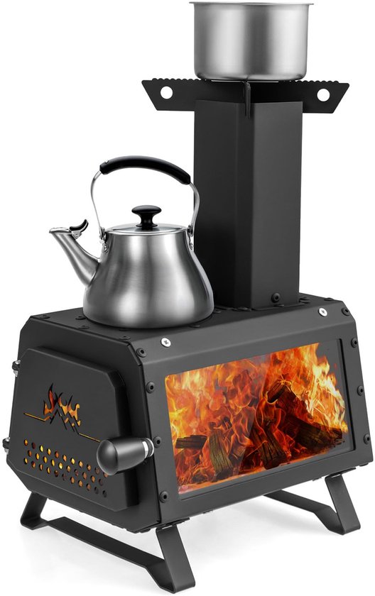 SnelShoppen - Draagbare Houtkachel Raketoven Outdoor met 2 Kookvlakken, Kijkvenster, Aspan - Tentoven, Campingoven voor Tuin en Camping, Zwart