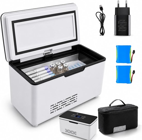 SnelShoppen - Draagbare Koelbox met Batterij, Elektrische Mini Koelbox voor Insuline en Peptiden, LED Display 32-18°C, Verstelbaar met Twee 10600 mAh