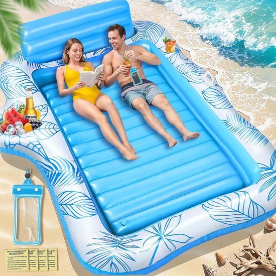 SnelShoppen - Dubbel Opblaasbaar Bruiningszwembad 230 x 180 cm - Opblaasbare Zonnebad Matras met IJsblokjesbak en Waterdichte Tas - Watermatras voor V
