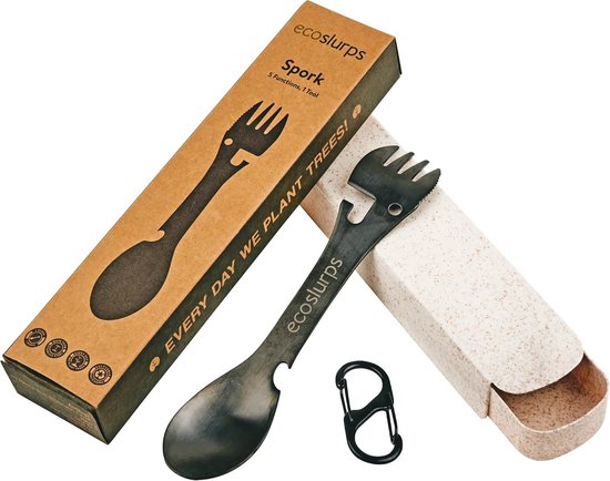 SnelShoppen - EcoSlurps 5-in-1 Campingbestekset Spork van Gerecycled Roestvrij Staal met Titanium Coating - Lichtgewicht, Sterk, Inclusief Milieuvrien