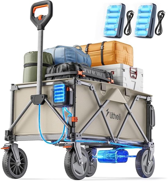 SnelShoppen - Elektrische bolderkar opvouwbaar met 20 cm offroadbanden, 200 l inhoud, 60 kg draagvermogen, 2 remmen, ideaal voor camping, tuin, strand