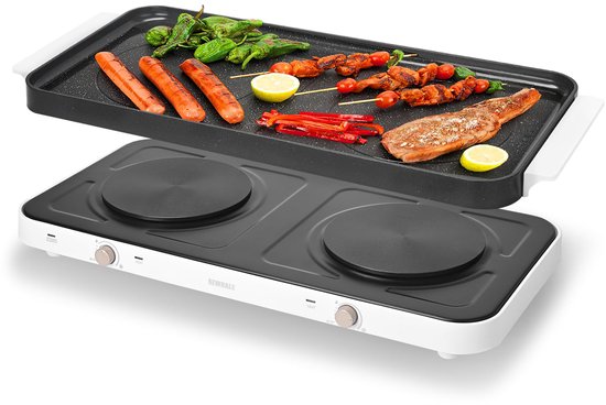 SnelShoppen - Elektrische Grill met 2 Kookplaten - Dubbele Kookplaat Zwart - Ideaal voor Feest, Camping, Tuin en Keuken - Compact en Gebruiksvriendeli
