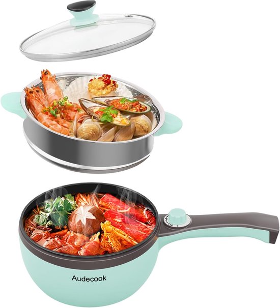 SnelShoppen - Elektrische Hot Pot met Stoompan 1,5 L - Antiaanbak Mini Pan voor 2-3 Personen - Multikoker Braadpan voor Slaapzaal, Camping & Feest - G