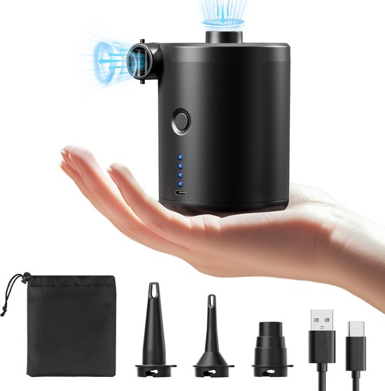 SnelShoppen - Elektrische Luchtpomp Oplaadbaar, Quick-Fill Inflator Deflator met 3 Spruiten voor Camping, Isomat, Luchtmatras, Rubberboot en Meer