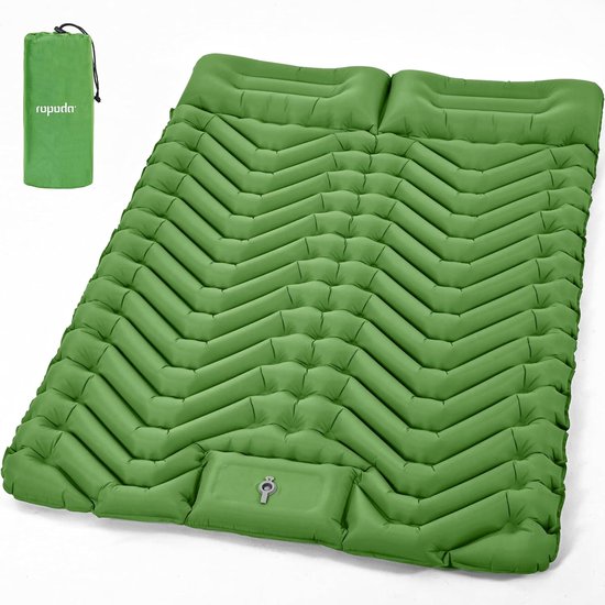 SnelShoppen - Extra Dikke Opblaasbare Slaapmat voor 2 Personen met Kussen, Geïntegreerde Voetpomp, 200x132cm, Campingmat voor Hiking, Groene Kleur