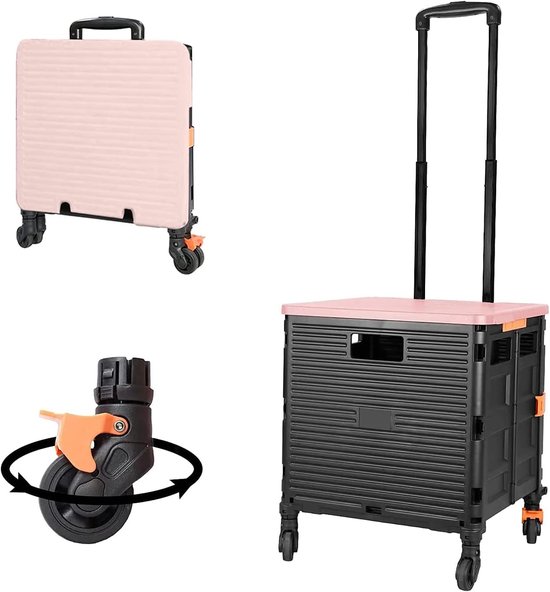 SnelShoppen - FELICON SELORSS Opvouwbare Multifunctionele Wagen, Inklapbare Bolderkar met Draagbare Rolkist en Robuuste Telescoopgreep, 4 Draaibare Wi