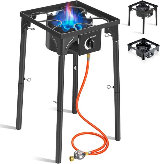 SnelShoppen - Gas Kookstel 10 kW met Afneembare Poten, Inclusief 1.5 m Slang en 50 mbar Drukregelaar, 4-Poot Gasfornuis voor Camping en Buitenactivite