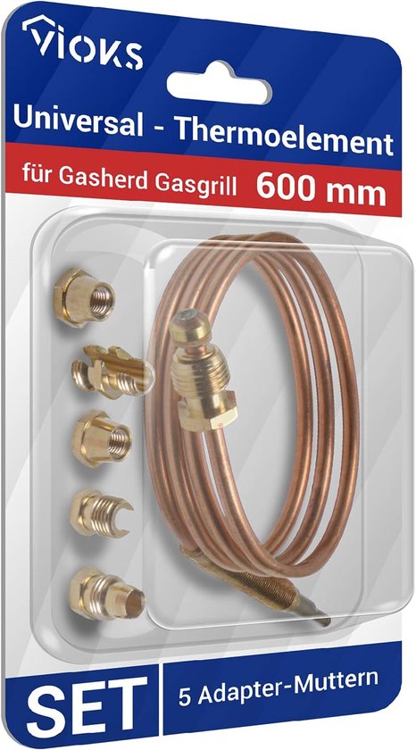 SnelShoppen - Gas Thermoelement 600 mm, Universele Verwarmingsbescherming met 5 Adapters voor Gas Grill, Gasoven, Gasfornuis, Heater, Gasboiler
