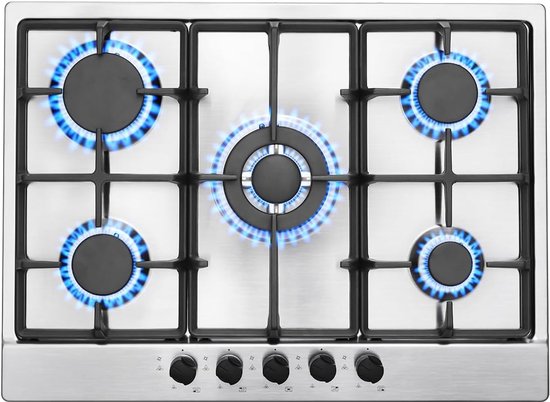 SnelShoppen - Gasfornuis 5 Branders RVS, 68 cm, Krachtige 10460W, Geschikt voor Gas, Ingebouwd of Vrijstaand, Perfect voor Tuin, Buitenkeuken en Kampe