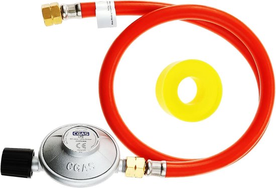 SnelShoppen - Gasregelaar Set 50 mbar met 80 cm Slang, 1/4" Links Draaiend en 7/16" Universele Aansluiting voor Camping, Gasgrill, Propaan en Butaan