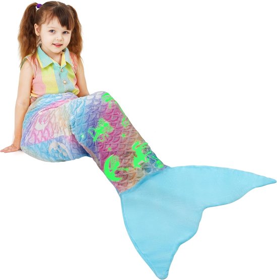SnelShoppen - Glow in the Dark Zeemeermin Dekbeddeken 155x50cm, Zacht Pluche Fleece, Unicorn Patroon, Cosy Slaapzak voor Kinderen, Perfecte Cadeau voo