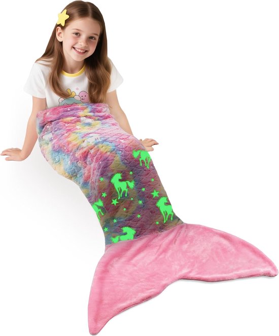 SnelShoppen - Glow in the Dark Zeemeermin Deken, Zachte Warme Pluche Fleece Slaapzak, 155x50cm Vissen Schubben Patroon, Roze Eenhoorn, Ideaal voor Kin