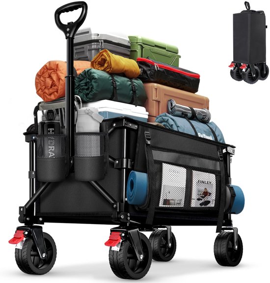 SnelShoppen - Inklapbare Handwagen Zware Klasse voor All-Terrain Gebruik met 6in Grote Wielen, 130L Capaciteit, Zijzakken & Drankhouders - Black