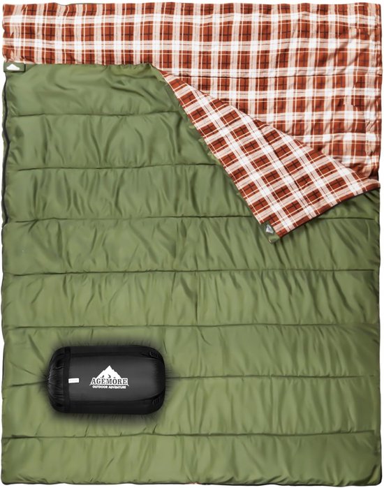 SnelShoppen - Katoenen Flanel Dubbele Slaapzak Waterdicht voor 2 Personen, Queen Size Lichtgewicht Kamperen, Wandelen en Avonturen - Groen/Bruin