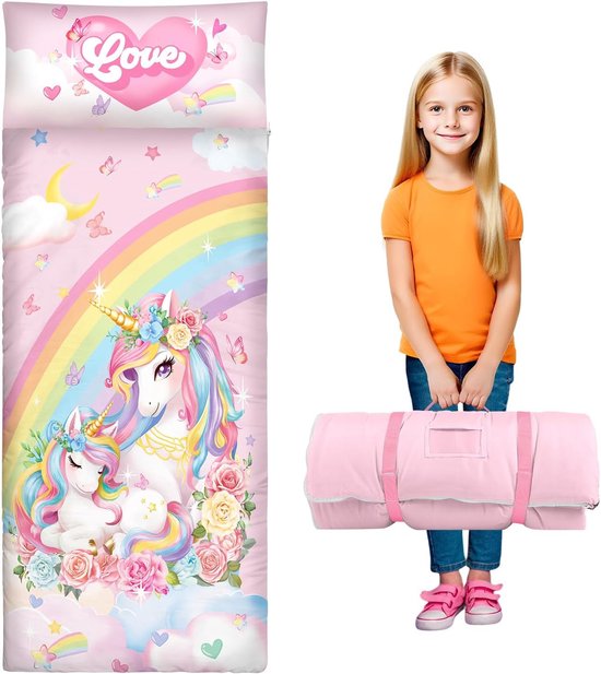 SnelShoppen - Kids Slaapzak met Kussen en Mat voor Peuters Jongens Meisjes Warm Peuter Slaapzak 150x60cm Opvouwbare Kindermat met Dubbele Rits voor Sl