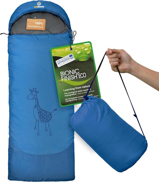 SnelShoppen - Kinderslaapzak Katoen Gevoerd Blauw met Giraffe Print - Ideaal voor Kamperen, Feestjes en Thuisgebruik