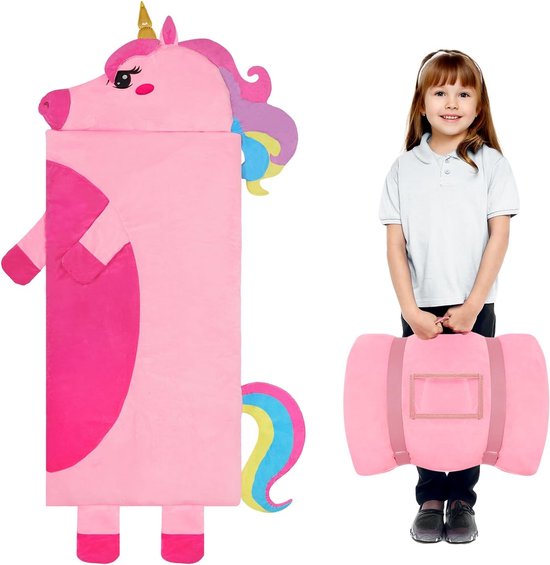 SnelShoppen - Kinderslaapzak met Dubbele Rits - Warm Vouwbaar - Geschikt voor Jongens en Meisjes - Inclusief Verwijderbaar Kussen - Fluffy Slaapzak vo