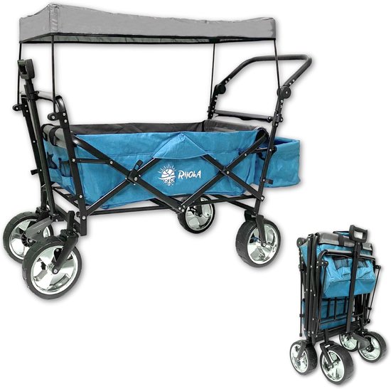 SnelShoppen - Luxe opvouwbare handkar met dak en draagtas, jeansblauw, 100 kg laadvermogen, telescopische stang, stevige wielen, ideaal voor tuin, cam
