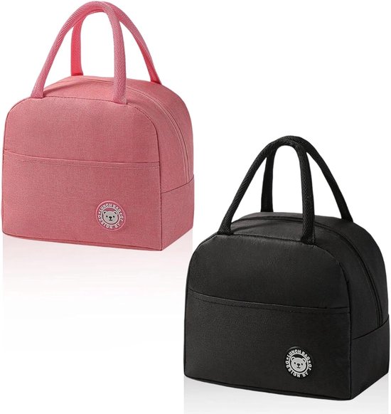 SnelShoppen - Mini Cooler Bag Set van 2, Zwart en Roze, Met Zijvakjes, Compacte Lunch Tassen, Ideaal voor School, Zakelijk, Thuisgebruik, Met Handvatt