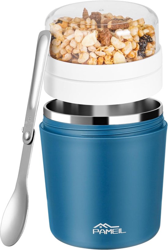SnelShoppen - Muesli Cup to Go 500 ml - Isolerende RVS Yogurtbeker - Dubbelwandig Thermoskop - Lekvrije Beker met Lepel voor Yoghurt/Pap - Ideaal voor