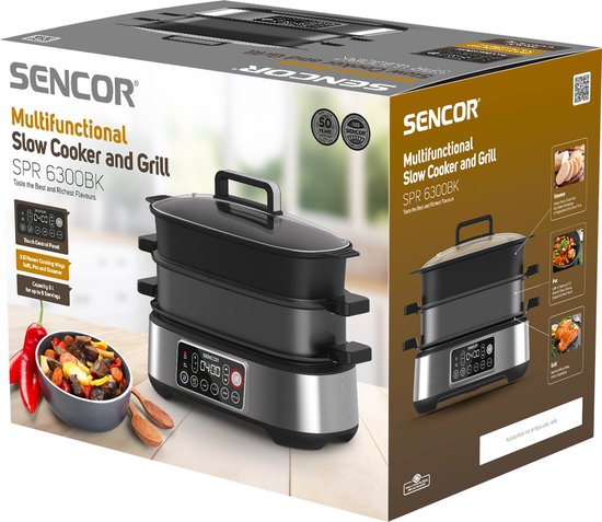 SnelShoppen - Multifunctionele Slowcooker en Grill SPR 6300BK - 5L, Zwart, Perfect voor Keuken, Feest, Camping, Gezond Koken en Grillen