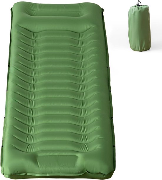 SnelShoppen - Opblaasbaar Camping Slaapmat met Kussen, Waterdicht en Scheurvast 50D Nylon, Enkel Luchtbed met Ingebouwde Voetenpomp, Olijfgroen, 190x6