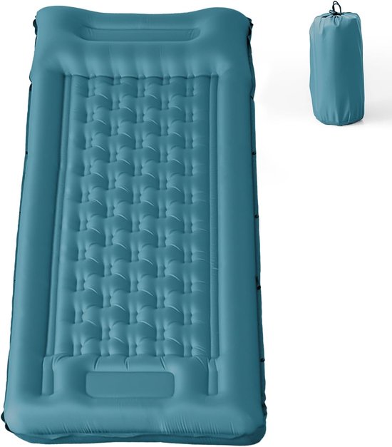 SnelShoppen - Opblaasbaar Camping Slaapmat met Kussen, Waterdicht en Scheurvast 50D Nylon, Enkele Luchtmatras met Ingebouwd Voetpomp, Teal Groen, 195x