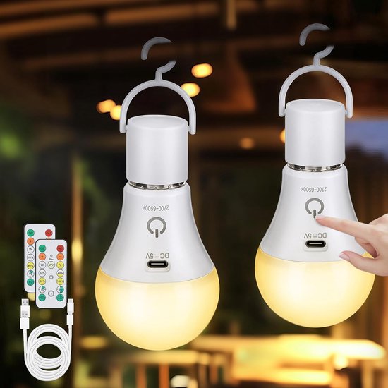 SnelShoppen - Oplaadbare LED Lamp E27 met Afstandsbediening, Dimbare 3 Kleuren, USB-C, 7W, 2 Stuks, Ideaal voor Buiten, Camping, Tuin en Noodgevallen