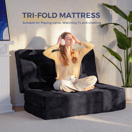 SnelShoppen - Opvouwbaar matras eenpersoons 90x195cm, comfortabel corduroy matras met 15 cm dik schuim, drievoudig opvouwbare futon slaapbank voor gas