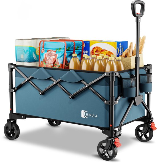 SnelShoppen - Opvouwbare Bolderkar 120 kg Draagkracht, Inklapbare Handwagen met Eén-Klik-Handgreep, 4-Zijdig Opvouwbaar, Off-Road Wielen met Remmen, 1