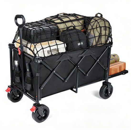 SnelShoppen - Opvouwbare Bolderkar 150-230L - Lichtgewicht Tuinwagen met Parkeerrem - Verstelbaar voor Camping, Strand en Winkelen - Zwart