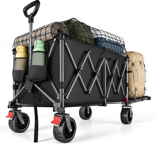 SnelShoppen - Opvouwbare Bolderkar 160L, 120kg, 4-weg Vouwsysteem, Verstelbaar, Parkeerrem, Zwart - Perfect voor Camping, Strand, Tuin en Winkelen