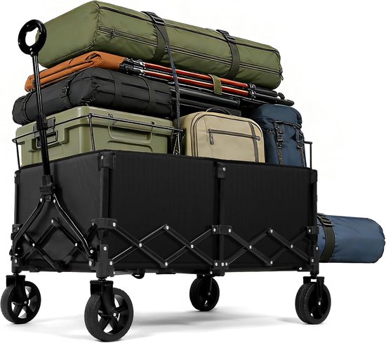 SnelShoppen - Opvouwbare Bolderkar 165L - Campingwagen met 136kg Draagvermogen - Strandwagen met 360° Wielen - Zwart - Ideaal voor Camping, Winkelen,