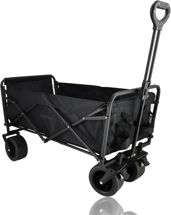 SnelShoppen - Opvouwbare Bolderkar 200 kg met Remmen, Duwstang & Veiligheidsrem - Heavy-Duty Zwart - Ideaal voor Tuin, Camping & Transport