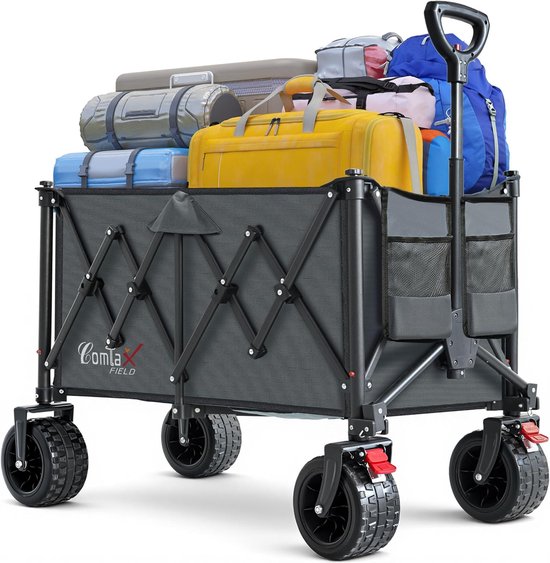 SnelShoppen - Opvouwbare Bolderkar 200L, 200kg - Grijze Strandwagen met Brede Wielen, Inklapbare Handwagen met Remmen voor Camping, Tuin en Kinderen