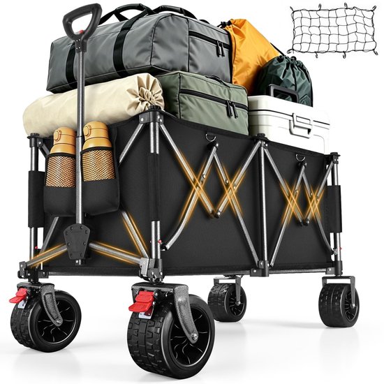 SnelShoppen - Opvouwbare Bolderkar 260L - 250kg Draagvermogen - Inclusief Elastisch Beschermnet - Dubbele Voorremmen - Ideaal voor Strand, Camping, An