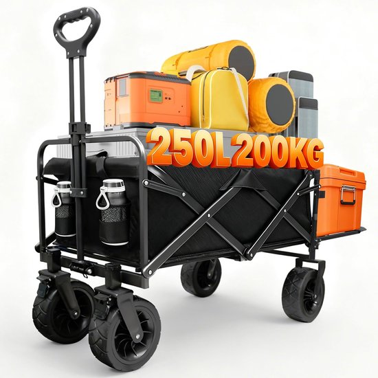 SnelShoppen - Opvouwbare Bolderkar 300 Liter met Achterklep, 8 Inch Offroad-Wielen, Zware Handwagen voor Tuinieren, Kamperen en Outdoor-Transport, Zwa